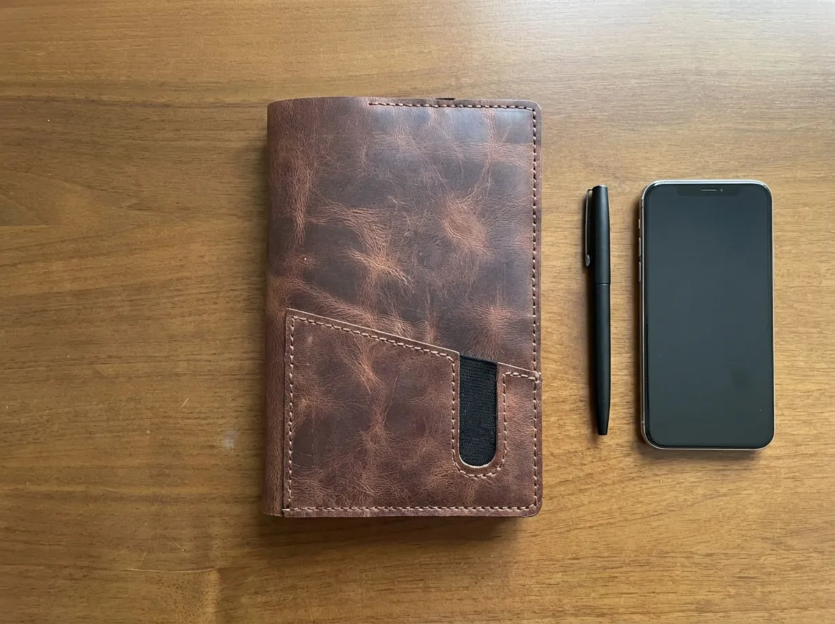 MyEcem Handmade Genuine Leather A5 Notebook Cover & Organizer – Phone & Pen Holder, Refillable Planner with 120-Page Handcrafted Notebook, Rustic Vintage Journal Protector, Gift Box Included