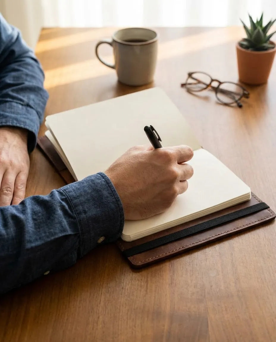 MyEcem Handmade Genuine Leather A5 Notebook Cover & Organizer – Phone & Pen Holder, Refillable Planner with 120-Page Handcrafted Notebook, Rustic Vintage Journal Protector, Gift Box Included