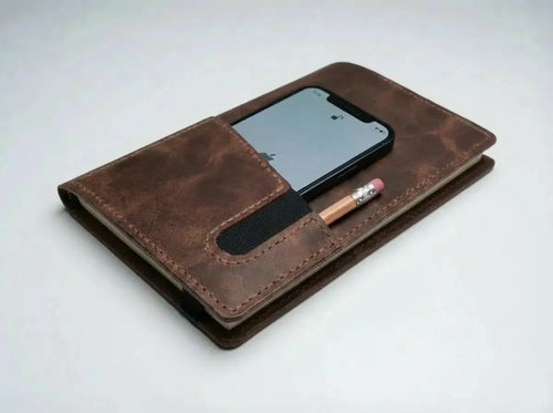 MyEcem Handmade Genuine Leather A5 Notebook Cover & Organizer – Phone & Pen Holder, Refillable Planner with 120-Page Handcrafted Notebook, Rustic Vintage Journal Protector, Gift Box Included