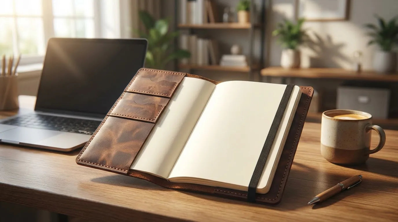 MyEcem Handmade Genuine Leather A5 Notebook Cover & Organizer – Phone & Pen Holder, Refillable Planner with 120-Page Handcrafted Notebook, Rustic Vintage Journal Protector, Gift Box Included