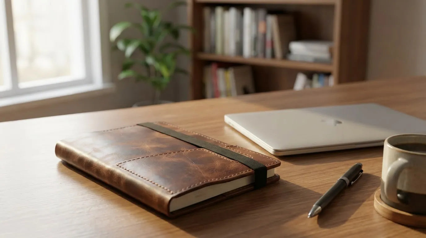 MyEcem Handmade Genuine Leather A5 Notebook Cover & Organizer – Phone & Pen Holder, Refillable Planner with 120-Page Handcrafted Notebook, Rustic Vintage Journal Protector, Gift Box Included