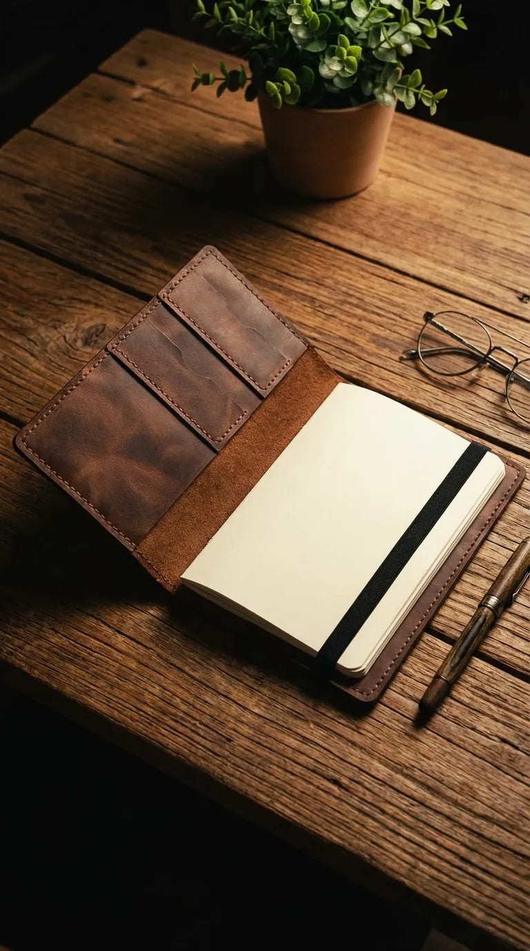 MyEcem Handmade Genuine Leather A5 Notebook Cover & Organizer – Phone & Pen Holder, Refillable Planner with 120-Page Handcrafted Notebook, Rustic Vintage Journal Protector, Gift Box Included